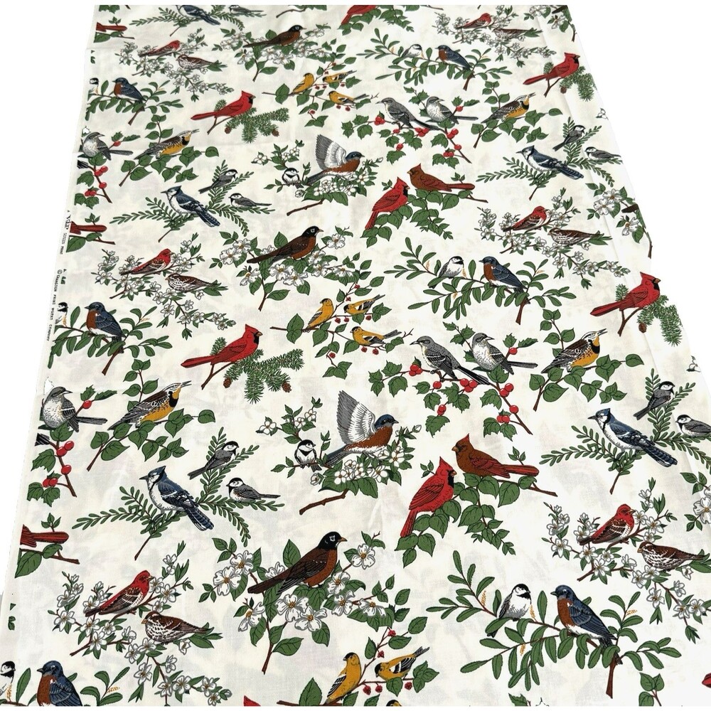 Vtg American Song Bird Fabric Cardinal Blue Jay Cotton Quilt Cranston 94 x 44